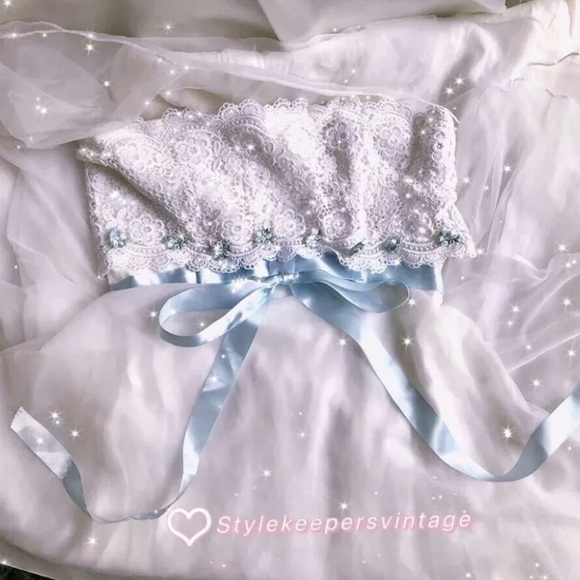 💖Gunne Sax💖Style Romantic Bridal Ivory Blue Ribbon Eyelet Lace Dress Sz S 💐 - Picture 6 of 10